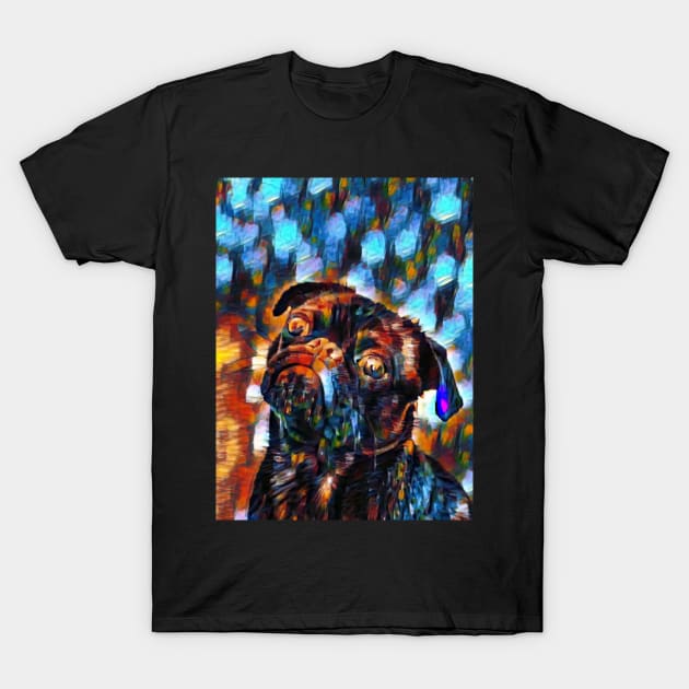 Cute Black Pug Dog Oil Painting Gift T-Shirt by Bohemianz